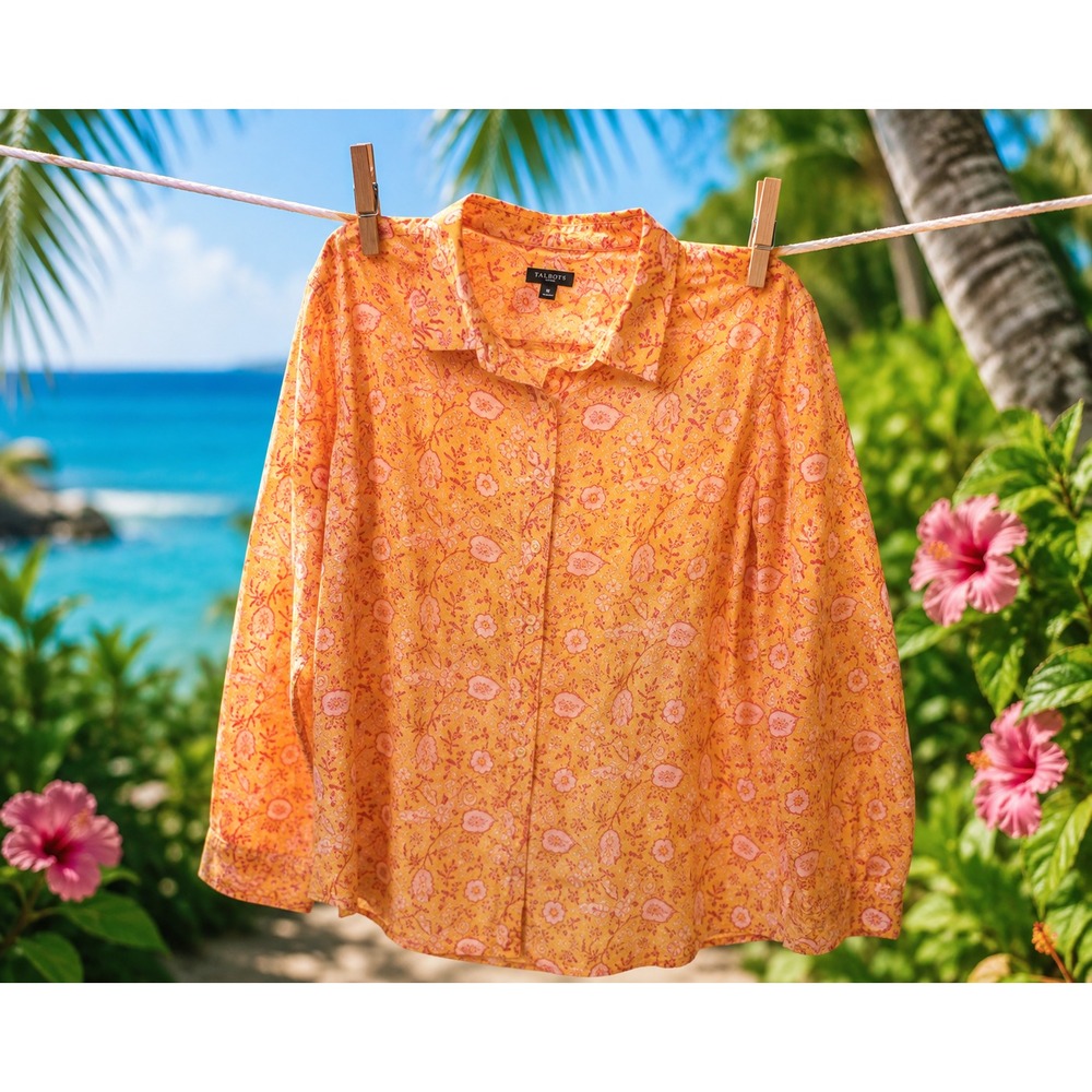 Talbots Women's XL Orange Pink Floral Paisley Button Front Long Sleeve Shirt